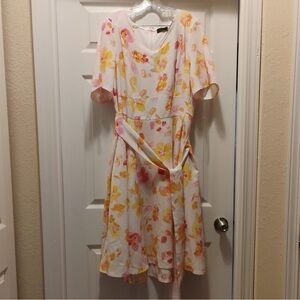 NWT Lane Bryant Floral Yellow Pink Midi Dress V-Neck Pockets Lena Summer Size 22